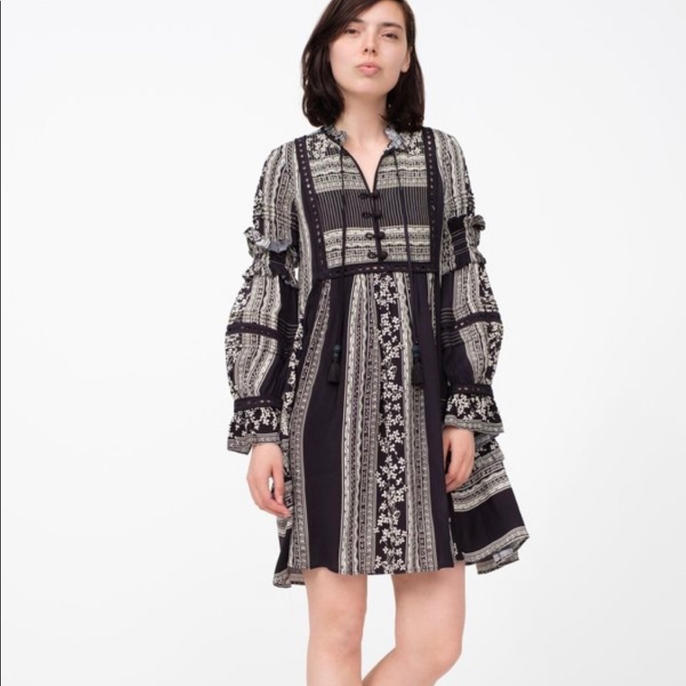 Sea New York Black and White Printed Long-Sleeve Mini Dress